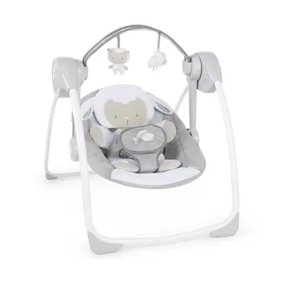 Balansoar electric bebelusi, Ingenuity, Comfort 2 Go, Cuddle Lamb, 2 pozitii inclinare, 12 melodii, Temporizator 30/45/60 min, Centura siguranta 5 puncte, Pliabil pentru calatorii, Fara BPA, 0-9 luni, Alb/Bej