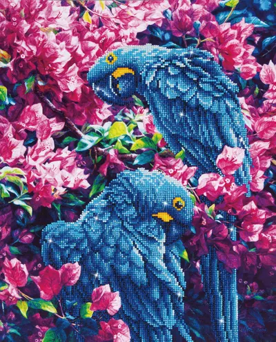 Tablou cu diamante - Flori și papagali albaștri, 52 x 42 cm