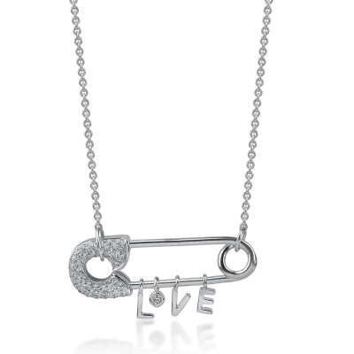 Lant cu pandantiv ac de siguranta din aur alb cu diamante de 0.3ct