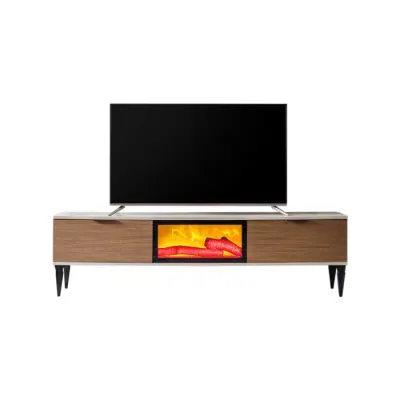 Comoda TV EMPOLI, cu semineu, bej + nuc, 180x36x50 cm