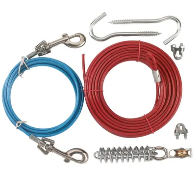 Set cablu curte, metalic, lungime cablu 15 m, pentru caini cu greutate de pana la 30 kg, invelis PVC, eliberare de tractiune