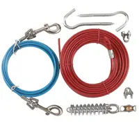 Set cablu curte, metalic, lungime cablu 15 m, pentru caini cu greutate de pana la 30 kg, invelis PVC, eliberare de tractiune