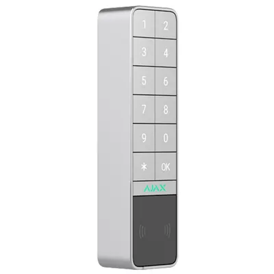 Tastatura exterior wireless Ajax Keypad Outdoor, 868 MHz, Mifare 13.56 MHz, RF 1700 m, compatibil Hub Jeweller, acces prin cod PIN/card/breloc DESFire/smartphone prin Bluetooth, Grad 2, alb