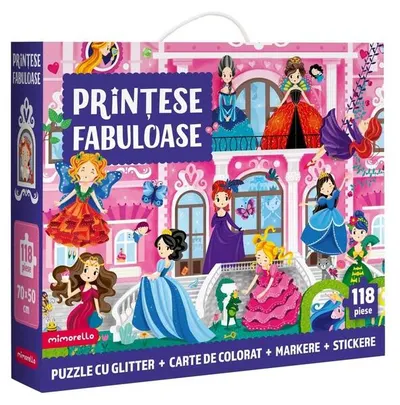 Joc educativ - Puzzle cu glitter + carte de colorat + markere + stickere Mimorello