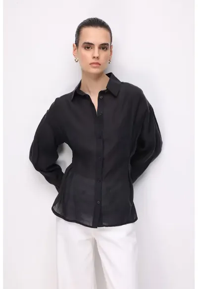 Camasi dama - camasa texturata cu nasturi - negru - fabricat din poliester