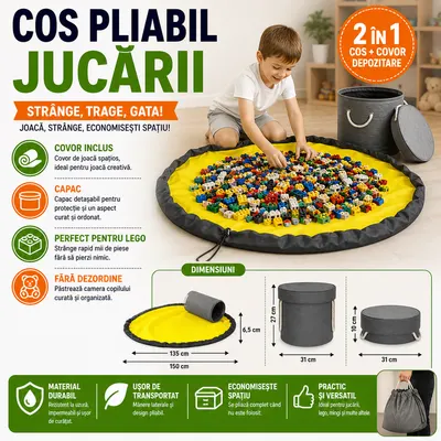 Cos pliabil pentru depozitare jucarii sau haine, Organizare Jucarii, Cu saltea de joc, Capac anti praf, 31 x 27 cm
