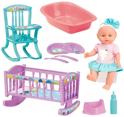 Păpușă care face pipi Loko Toys - Le Petit Bebe, cu pat, scaun înalt și jgheab, 30 cm