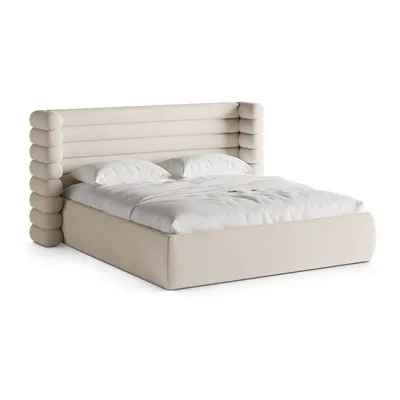 Pat matrimonial bej tapițat cu spațiu de depozitare cu somieră 160x200 cm Mount – Micadoni