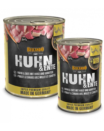 BELCANDO Super Premium hrana umeda pentru caini, pui si rata cu mei si morcovi, 800 g
