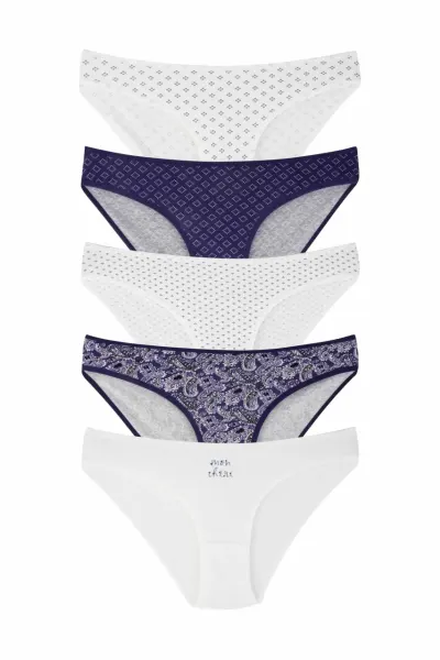 Set 5 perechi de chiloti din bumbac, pentru dama, 33500, Alb/Albastru