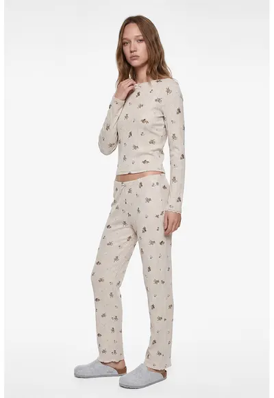 Pantaloni de pijama din amestec de bumbac cu model - Maro deschis/Bej deschis