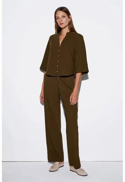 Pantaloni dama - picior larg - elastic - poliester - Verde masliniu