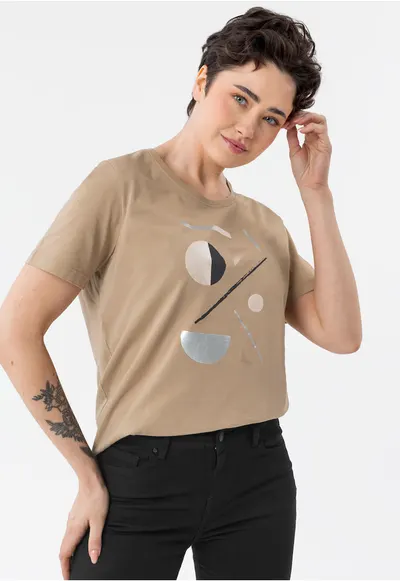 Tricou din bumbac cu imprimeu abstract - geometric - dama - Regular Fit - T-Haus - bej - XXL
