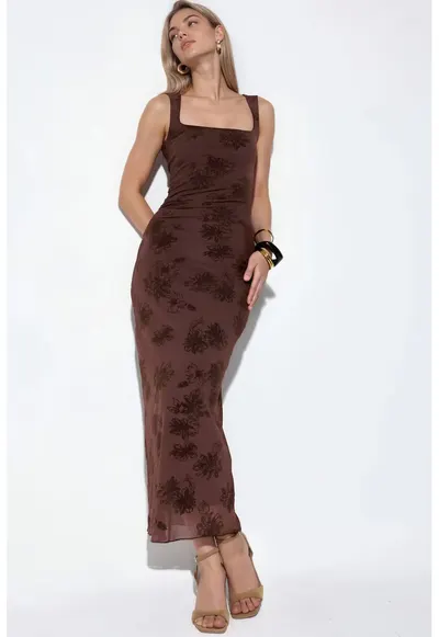 Rochie Midi - Dreapta - Fara Maneci - Culoare Maro - Poliester-Elastan
