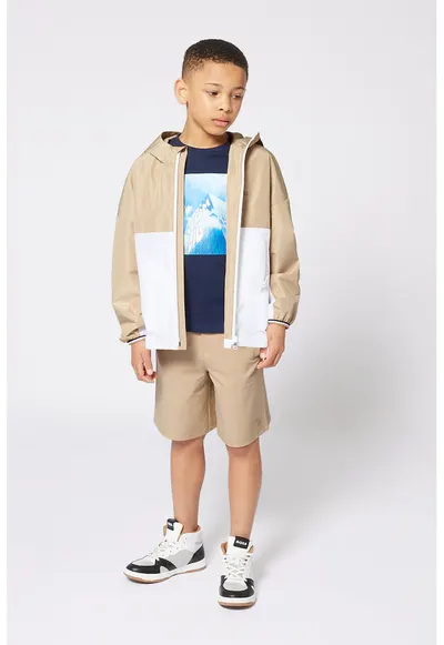 Jacheta cu gluga si model colorblock - Alb/Bej