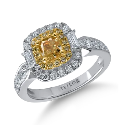 Inel din aur alb-galben cu diamante galbene rectangulare si rotunde si diamante incolore baguette si rotunde de 1.5ct