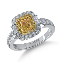Inel din aur alb-galben cu diamante galbene rectangulare si rotunde si diamante incolore baguette si rotunde de 1.5ct