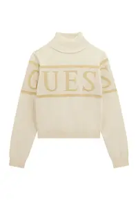 Pulover cu model logo si guler inalt - Bej deschis