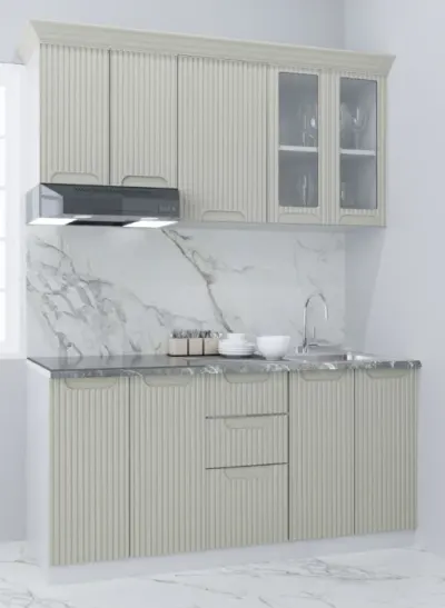 Set bucatarie SPACE 160 cm, 6 corpuri, cu serare, blat termorezistent, fronturi MDF, crem