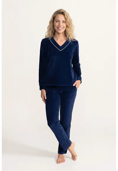 Pantaloni si bluza cu aspect de catifea si decolteu in V - Bleumarin