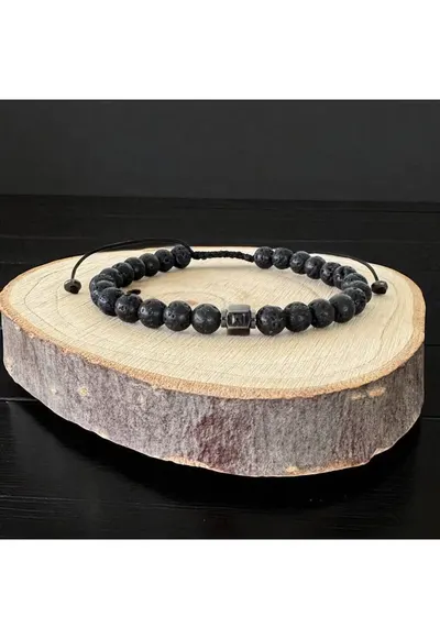 Bratara barbati ajustabila pe snur Cian din pietre de lava cu charm inox