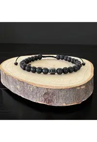 Bratara barbati ajustabila pe snur Cian din pietre de lava cu charm inox