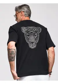 Tricou barbati loose fit cu aplicatie pantera pe spate - decolteu rotund OM-TSCT-0279 - Negru