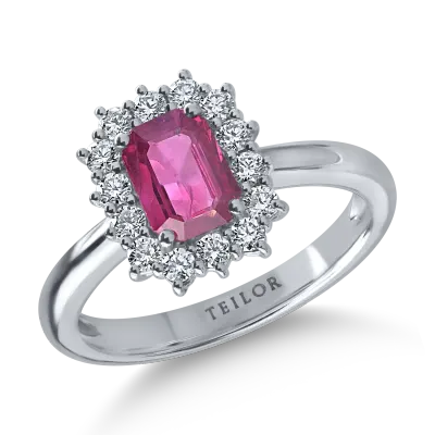 Inel din aur alb cu rubin octogonal de 1ct si diamante de 0.3ct