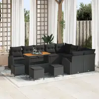 Set de canapele pentru gradina cu 13 piese si perne negru poli ratan acacia, canapea pentru gradina cu 2 locuri si spatiu de depozitare & perne negru poli ratan, set de dining pentru gradina cu 4 piese si perne negru poli ratan acacia
