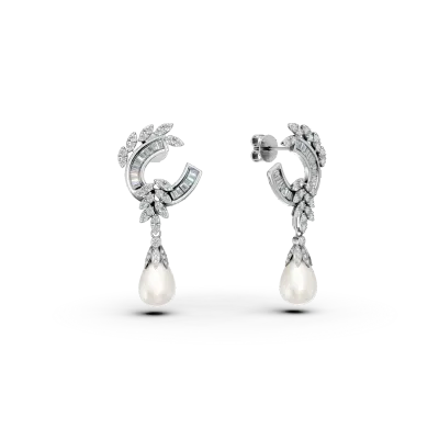 Cercei din aur alb cu diamante de 0.9ct si perle de cultura