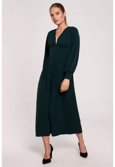 Rochie maxi cambrata in talie cu decolteu in V - - Verde