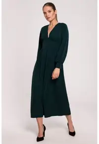 Rochie maxi cambrata in talie cu decolteu in V - - Verde