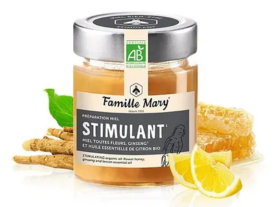 Miere colorată de albine, cu ghimbir și uleiuri esențiale de lămâie, 170 g, Famille Mary