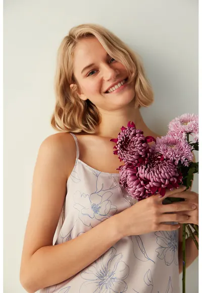 Top de pijama cu imprimeu floral - Roz prafuit/Bleumarin