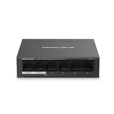 Mercusys Desktop Switch MS106LP 6 porturi 10/100Mbps, Standarde si protocoale IEEE 802.3x Flow Control, 4 porturi POE, buget PO