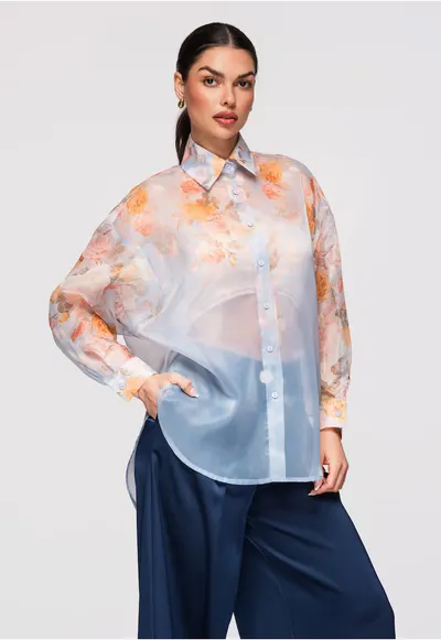 Camasa semitransparenta model floral OW-SH-E0028 - Albastru