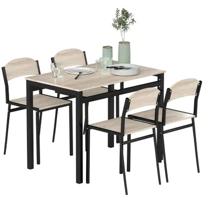Set HOMCOM de Masă și 4 Scaune, Design Dreptunghiular, Oțel și MDF, Negru și Lemn Natural, 100x63x76.5cm și 45x40x82cm | Aosom Romania