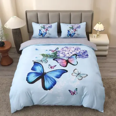 Lenjerie pat dublu, FINET, Imprimeu Digital 5D - Identic cu poza, Cu ELASTIC, 4 piese, Bleu, Fluturi si Hortensie