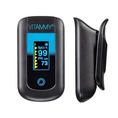 Pulsoximetru Vitammy eSaturino negru masoara saturatia de oxigen din sange si pulsul, algoritm de toleranta la miscare, ecran OLED bicolor, 4 directii de afisare