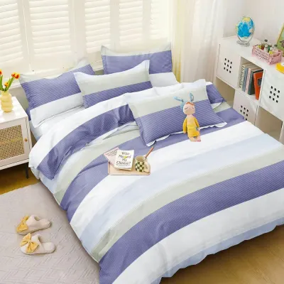 Lenjerie pat dublu, bumbac satinat, cearsaf clasic, 4 piese, Bleu, dungi