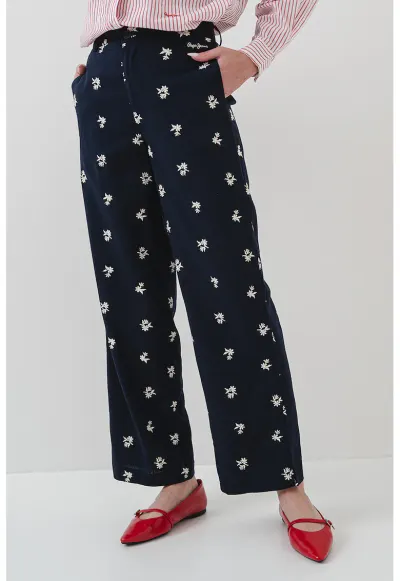 Pantaloni din amestec de in cu broderie Genoveva - Alb/Albastru ultramarin