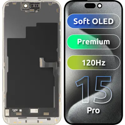 Display cu Touchscreen MP compatibil cu Apple iPhone 15 Pro, cu Rama, Versiune Premium Soft OLED FHD 120Hz, Negru
