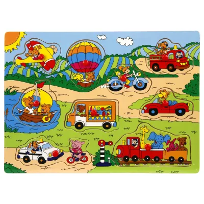 Puzzle din lemn, Gasiti si conectati animalele si vehiculele, 7, 8 piese