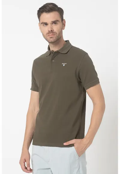 Tricou polo din material pique cu logo brodat - Alb/Kaki