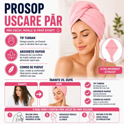 Prosop pentru uscarea parului, tip Turban, din microfibra, Corai