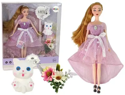 Păpuşă Lean Toys - Emily, cu rochie lungă roz și pisicuță, 30 cm