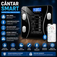 Cantar corporal inteligent, cu diagnostic si termometru, Bluetooth, App pentru fitness, din sticla securizata, LCD, negru