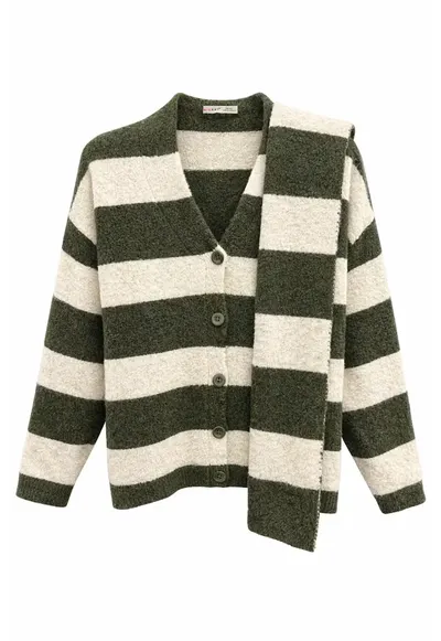 Set cardigan si fularTricotat - Dungi - Verde Kaki - 100% poliester - One Size