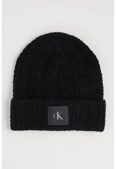 Caciula din amestec de lana cu model boucle si aplicatie monograma - Negru