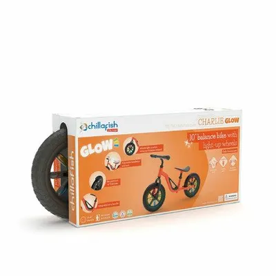 Bicicleta copii fara pedale Chillafish Charlie Glow Orange 10 inch, roti din spuma Eva, scaun reglabil de la 28-37 cm, ghidon ajutabil de la 47,6-50,4 cm, cadru usor, varsta recomandata 18-48 luni, spite stralucitoare